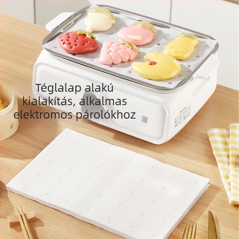 Háztartási gőzölőpapír, négyszögletes, élelmiszer-minőségű egyszer használatos liner szilikonolaj bevonattal, zsemlékhez és párolt kenyérhez