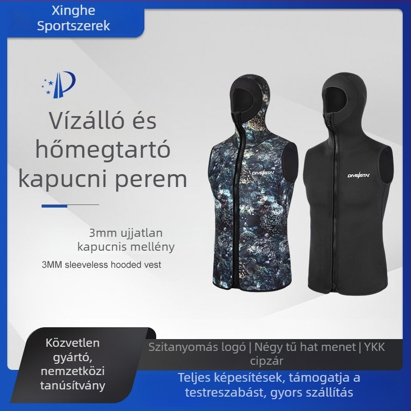 3 mm-es kapucnis meleg búvármellény, ujjatlan, a szörfözéshez és búvározáshoz