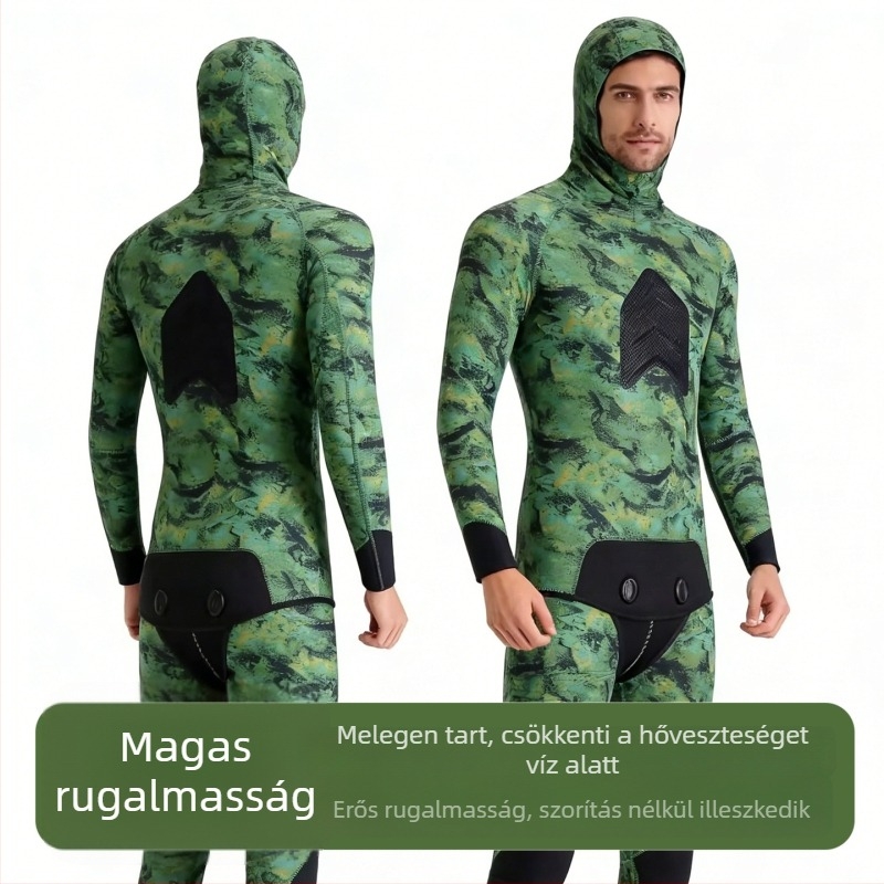 Kapucnis camouflage mintázatú, kétrészes búvárruha