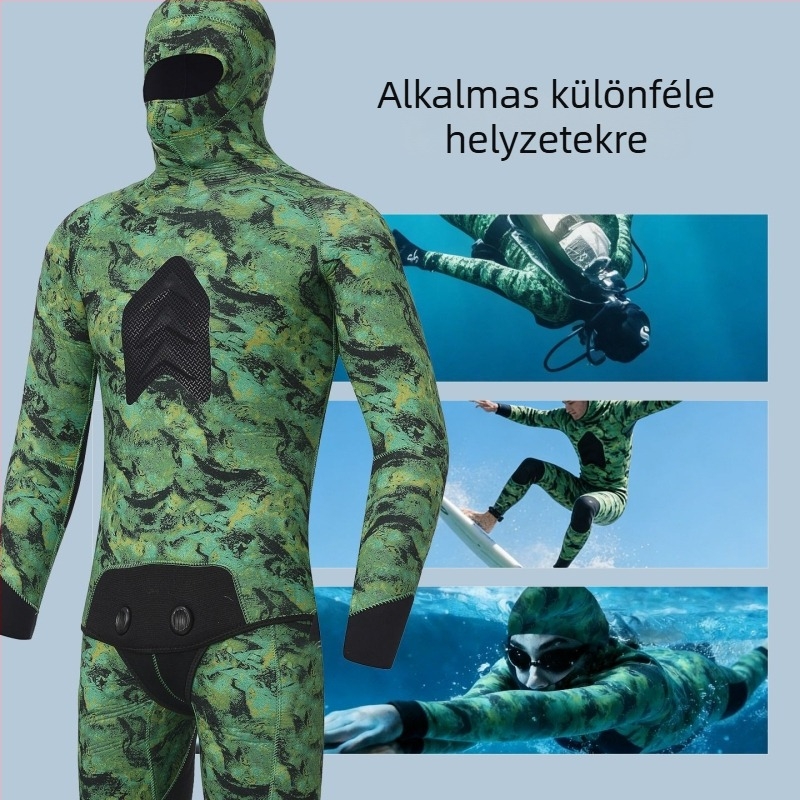 Kapucnis camouflage mintázatú, kétrészes búvárruha