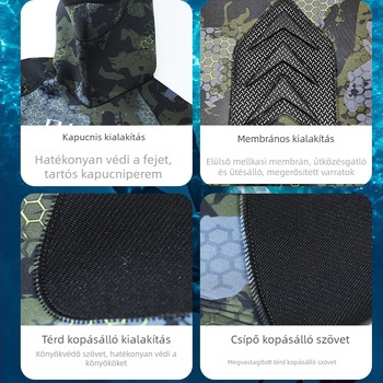 3,5 mm-es split búvárruha kapucnival, CR könnyű bőrfelület, vastagabb hőszigetelés, kamuflázs szörfözéshez