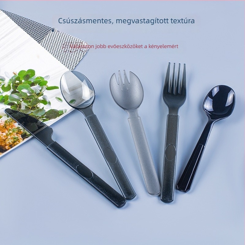 Megvastagított egyszer használatos evőeszközök: kés, villa és kanál, kemény műanyagból, nyugati stílusú evőeszközök hosszú nyéllel, egyedi csomagolásban