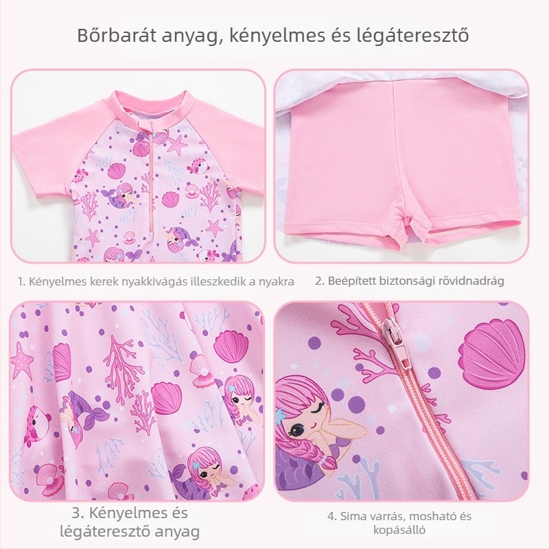 Koreai stílusú egy darabos fürdőruha lányoknak, 4–12 évesek, kényelmes rövid ujjú cipzáros kivitel