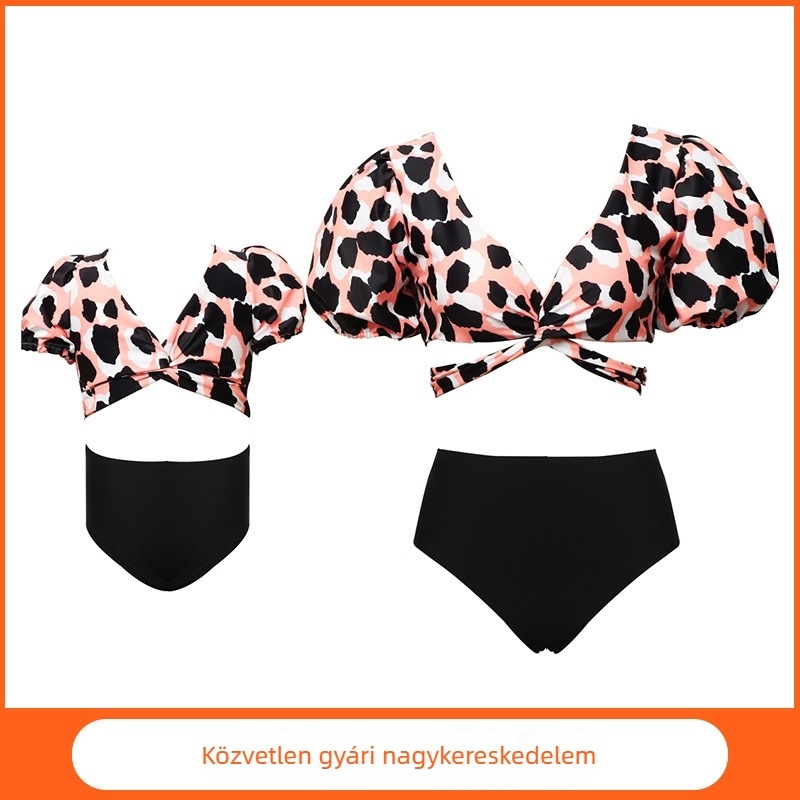 Női kétrészes fürdőruha termálfürdőkhöz puffos ujjakkal, anya–lánya bikini szett