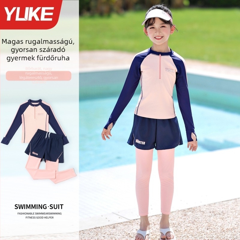 Lányoknak készült kétrészes fürdőruha, hosszú ujjú és hosszú nadrágos, UV védelem, egyszínű, 3–16 éveseknek