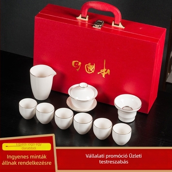 Teljes fehér jade porcelán teáskészlet otthoni használatra logóval, Gongfu teáscsészékkel, ajándék ügyfeleknek