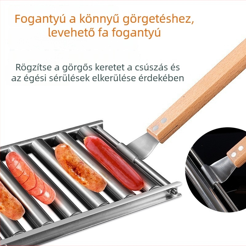 Leválasztható rozsdamentes acél görgős grillrács kolbászokhoz, kültéri BBQ-hoz, hordozható háztartási eszköz