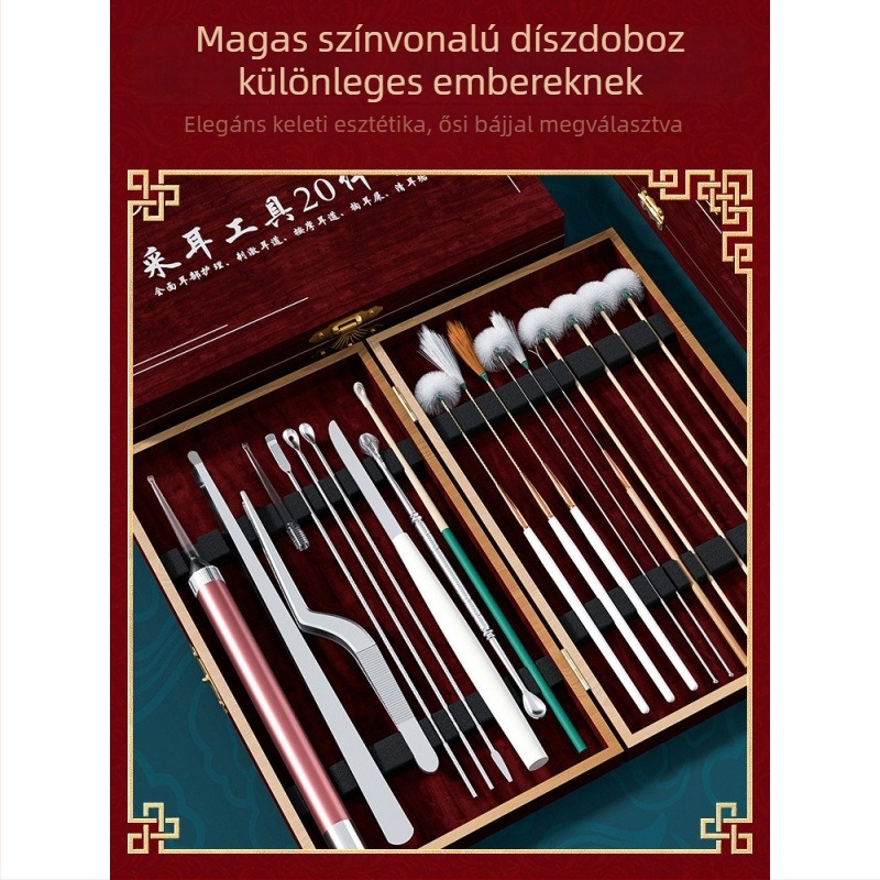20 darabos professzionális fültisztító készlet bambusz fültisztító eszközökkel, fa dobozban, újratölthető kézi lámpával, grafit szürke színben