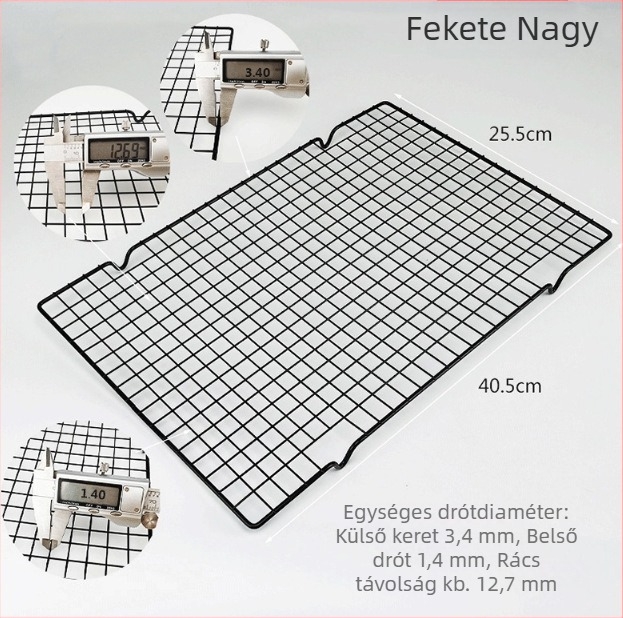 Szénacél sütőhűtő rács, téglalap alakú, fekete, tapadásmentes bevonattal, kenyérhez és süteményekhez