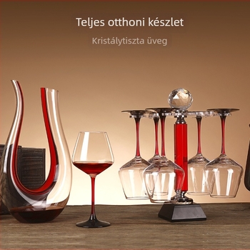 Vörös szárú, nagy kapacitású boros pohár készlet otthoni használatra, kristályüveg, U‑formájú has, dekantáló