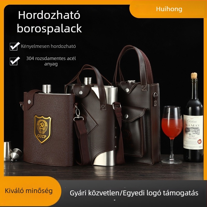 Nagy rozsdamentes acél borosüveg bőr tokban – hordozható autós készlet (0,5–5 kg)