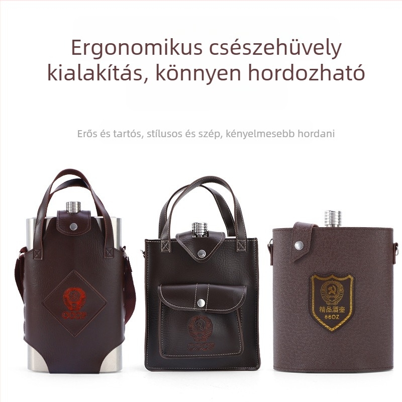 Nagy rozsdamentes acél borosüveg bőr tokban – hordozható autós készlet (0,5–5 kg)