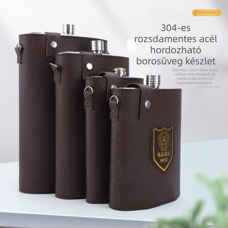 Nagy rozsdamentes acél borosüveg bőr tokban – hordozható autós készlet (0,5–5 kg)