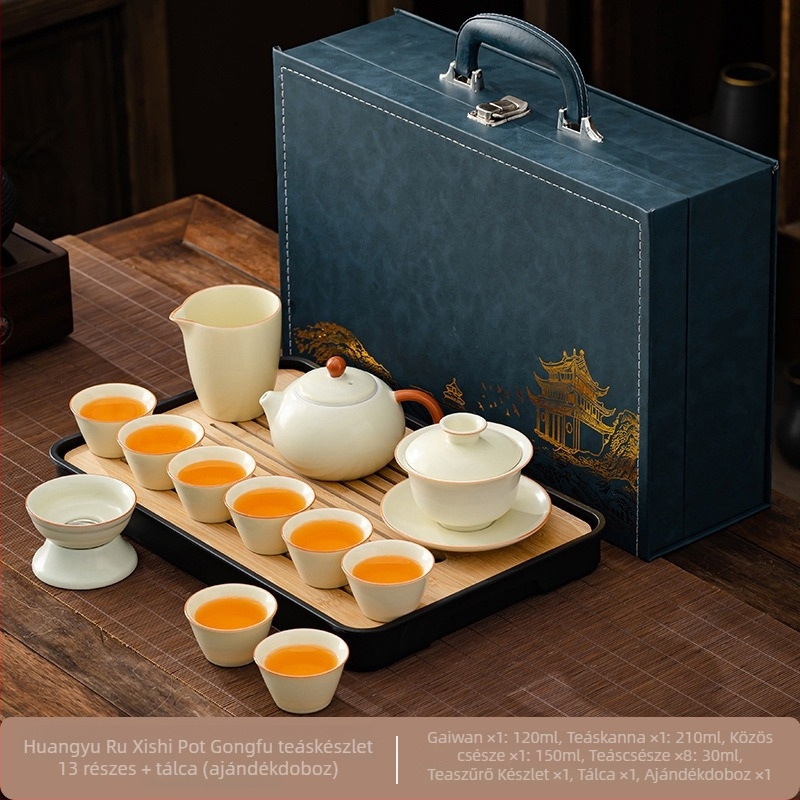 Ru Kiln Gongfu teáskészlet porcelánból – teáskanna, fedeles tál, teáscsészék, ajándékdíszdoboz, logó testreszabás, melamín teátálca