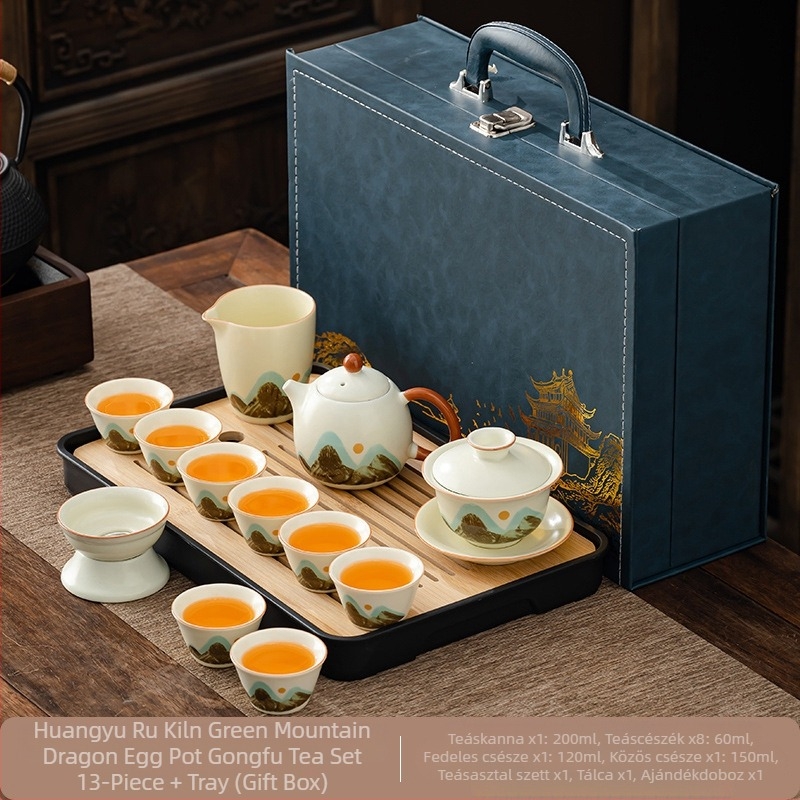 Ru Kiln Gongfu teáskészlet porcelánból – teáskanna, fedeles tál, teáscsészék, ajándékdíszdoboz, logó testreszabás, melamín teátálca