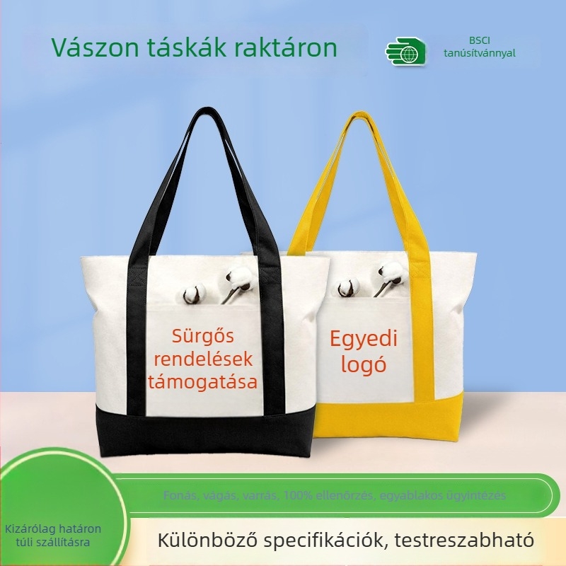 Üres vászontáska készleten, testreszabható kézben tartható és vállon hordozható, logónyomtatással reklám céljából.