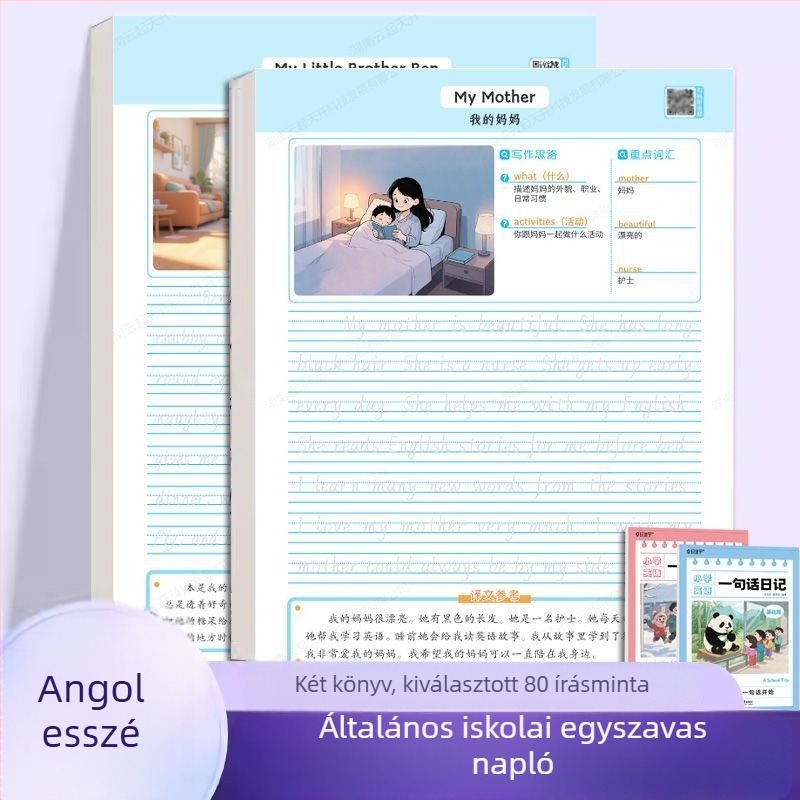 Általános iskolások számára készült angol mondatnapló írásgyakorló könyv (3–6. osztály), kézírás stílus, képre alapuló írásgyakorlatok, kalligráfia gyakorlókönyv.