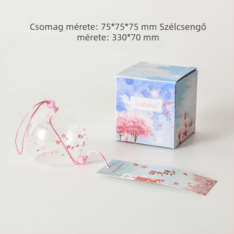 Üveg szélharang cseresznyefavirág mintával, hálószobai függő dekoráció, japán stílus, tollas kiegészítő