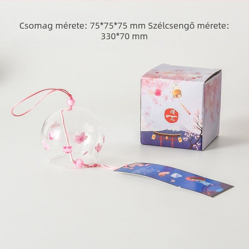 Üveg szélharang cseresznyefavirág mintával, hálószobai függő dekoráció, japán stílus, tollas kiegészítő
