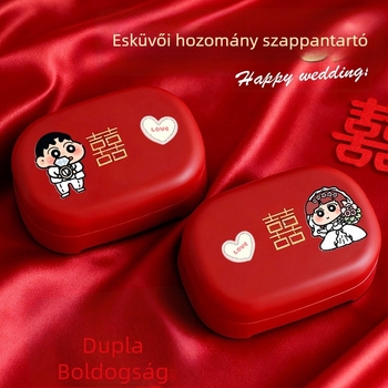 Pár piros karikatúraszappan-doboz esküvőre, motívummal Dupla Boldogság
