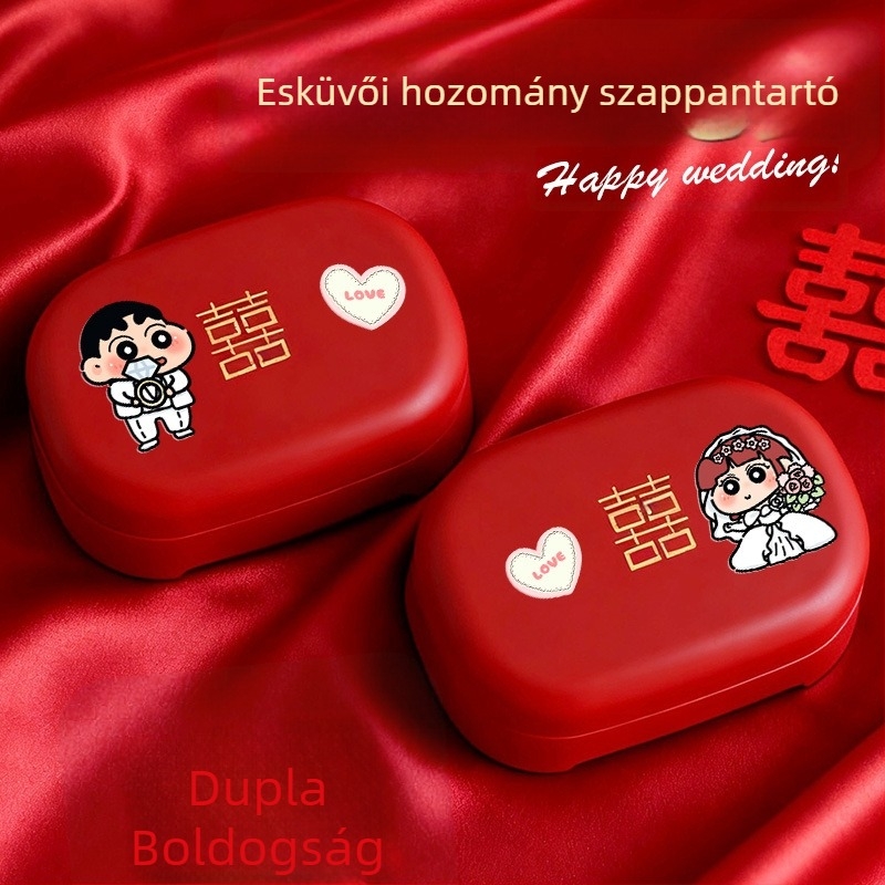 Pár piros karikatúraszappan-doboz esküvőre, motívummal Dupla Boldogság