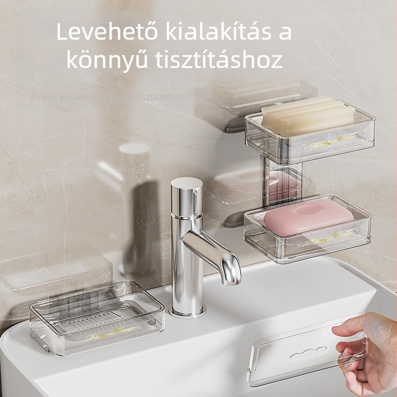 Kétszintes szappantartó fürdőszobába, falra szerelhető, fúrás nélkül, lefolyó rekesz, PP