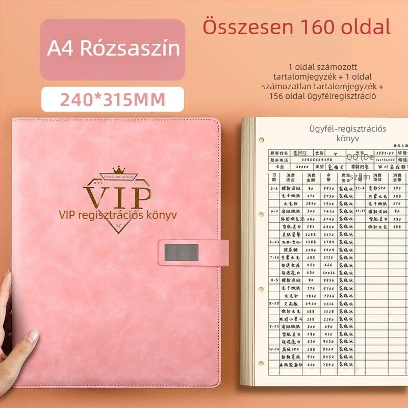 Szépségszalon ügyfélnyilvántartó jegyzet – tagsági regisztráció és ügyfél adatok, PU borító, gyűrűs kötés, 100–200 oldal