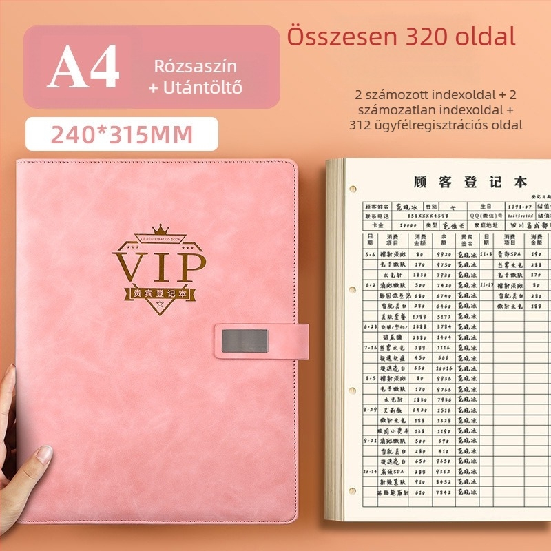 Szépségszalon ügyfélnyilvántartó jegyzet – tagsági regisztráció és ügyfél adatok, PU borító, gyűrűs kötés, 100–200 oldal