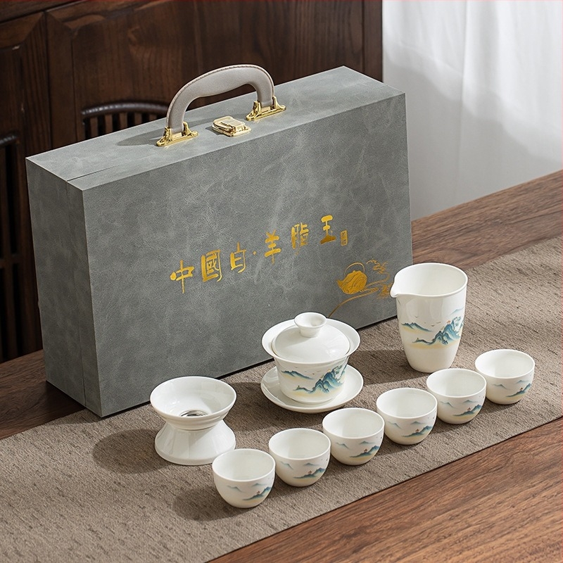 Kung fu teáskészlet fehér jade porcelánból, Dehua fehér porcelán, ajándékdobozzal, gaiwan és teáskanna, kék-fehér porcelán
