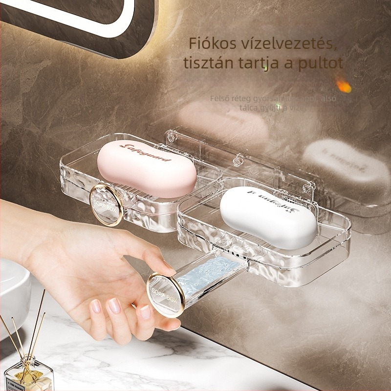 Falihoz rögzíthető, fúrás nélküli kétszintes szappantartó és leeresztő a fürdőszobába