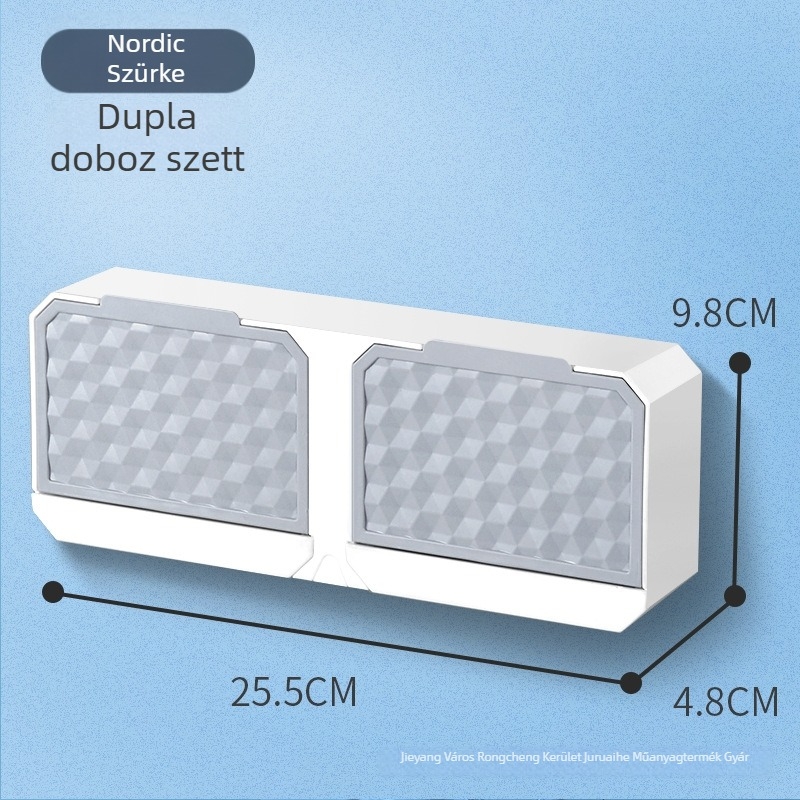 Fali szappan doboz, dupla rekesz, fedéllel, fúrás nélkül, vízelvezetés, fürdőszobába és mosáshoz