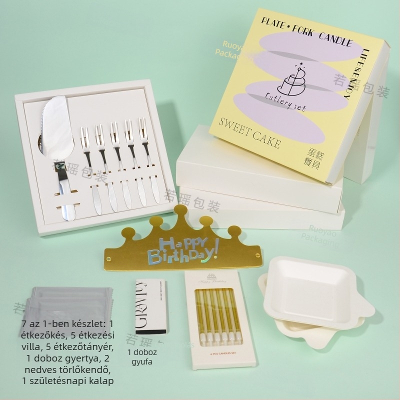 Születésnapi tortaevőeszköz-készlet cukornád rostból, elegáns ebédeszköztartóval