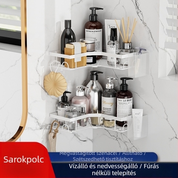 Fali sarok fürdőszobai polc, vasból, két szintű, fúrás nélkül, mosdóhoz és zuhanyzóhoz
