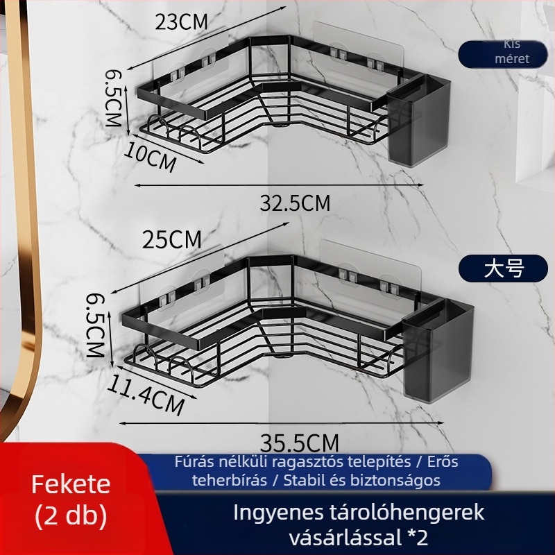 Fali sarok fürdőszobai polc, vasból, két szintű, fúrás nélkül, mosdóhoz és zuhanyzóhoz