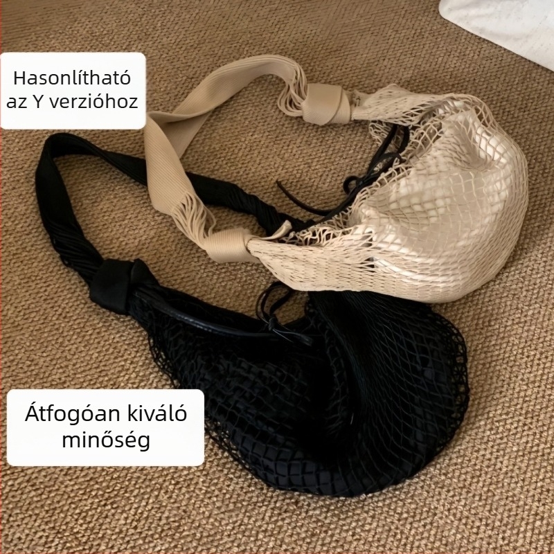 Közepes méretű nylon hálószövésű táska húzózáras záródással, egy vállpánttal, dumpling alakú dizájn, vászon bélés, téli 2024 kiadás