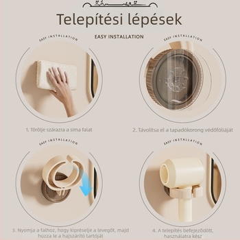 Fali hajszárító tároló – fúrás nélkül, modern fürdőszobai rendező