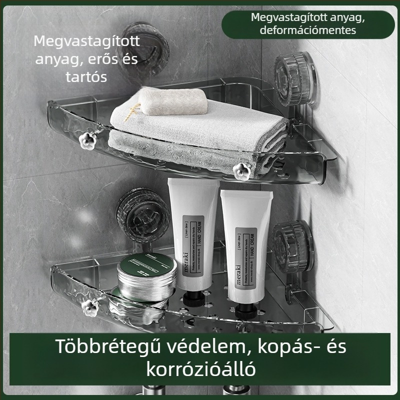 PET anyagú sarok fürdőszobai polc, falra szerelhető, fúrás nélküli, mosdóhoz