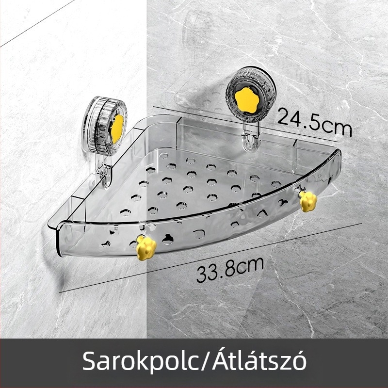 PET anyagú sarok fürdőszobai polc, falra szerelhető, fúrás nélküli, mosdóhoz