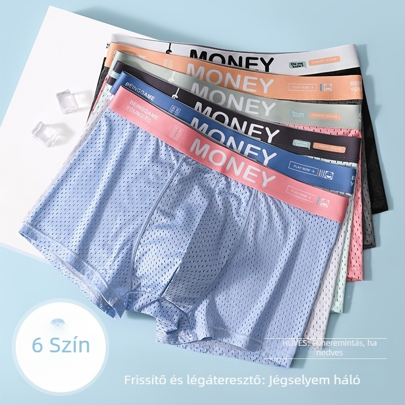 Férfi nyári Ice Silk hálós boxeralsó, lélegző, középmagas derekú, varrás nélküli