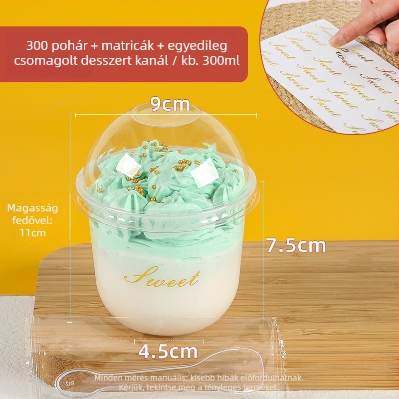 Műanyag egyszer használatos puding pohár, 300 ml, 90U alakú, tej-tea és desszertekhez