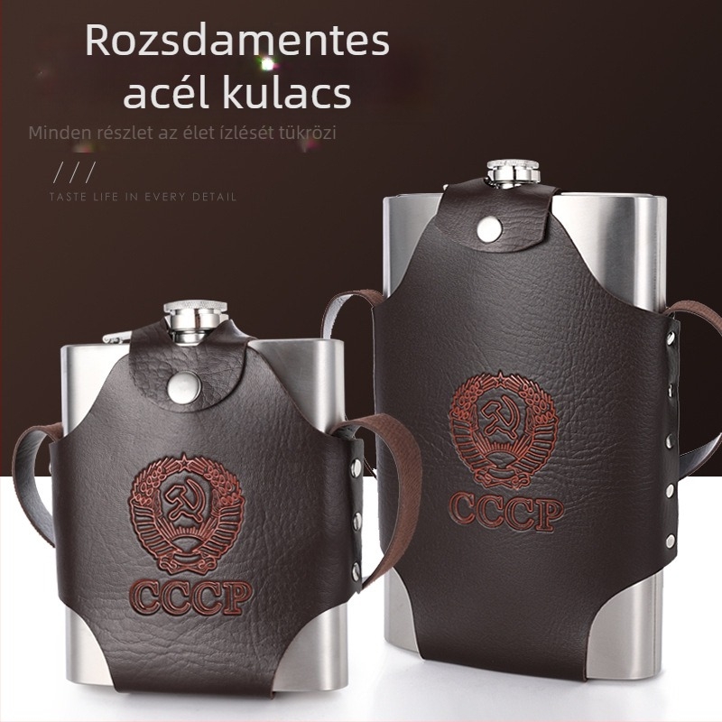 Rozsdamentes acélból készült lapos flakon készlet, hordozható kültéri italokhoz poharakkal