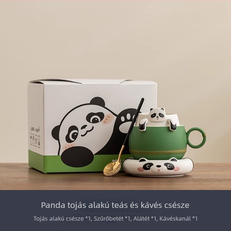 Kreatív Panda kávéscsésze alátéttel és kanállal, kerámia, magas minőség