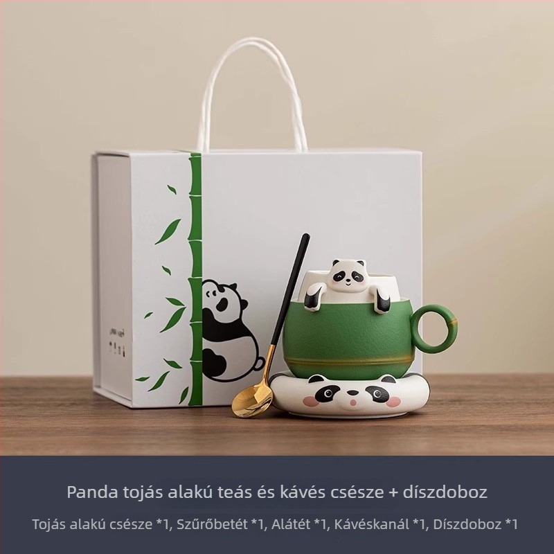 Kreatív Panda kávéscsésze alátéttel és kanállal, kerámia, magas minőség