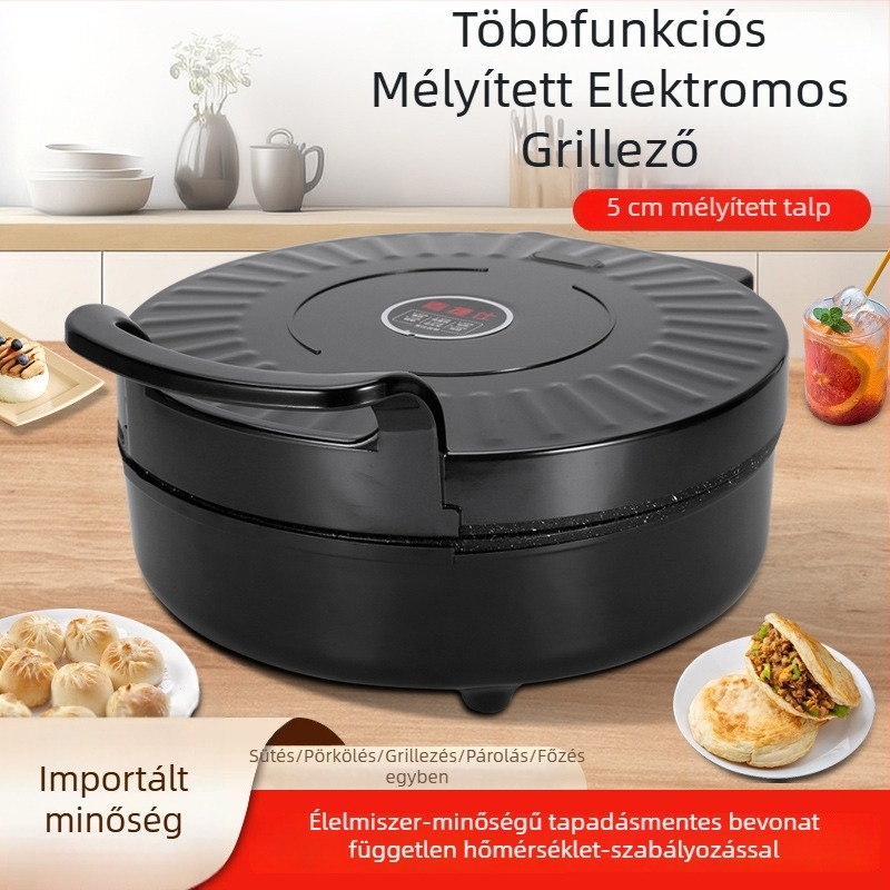 Multifunkcionális elektromos serpenyő otthoni használatra, 7,5 cm mély, kétoldali felmelegítés, tapadásmentes bevonat, sütéshez és grillezéshez, Maifan-kővel