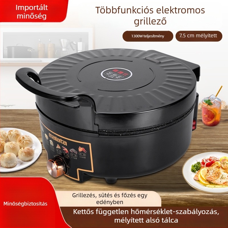 Multifunkcionális elektromos serpenyő otthoni használatra, 7,5 cm mély, kétoldali felmelegítés, tapadásmentes bevonat, sütéshez és grillezéshez, Maifan-kővel
