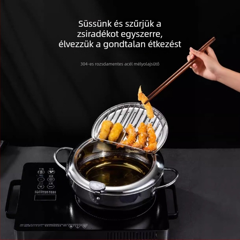 Japán stílusú mély fritőz hőmérővel, olajszűrő tartóval és olajleeresztővel, kis leveses fazék