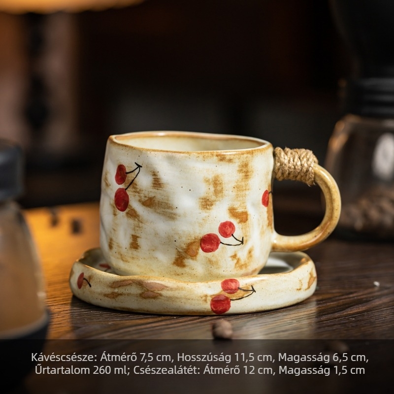 Cseresznyés mintájú kerámia kávéscsésze és alátét készlet, retro stílusú