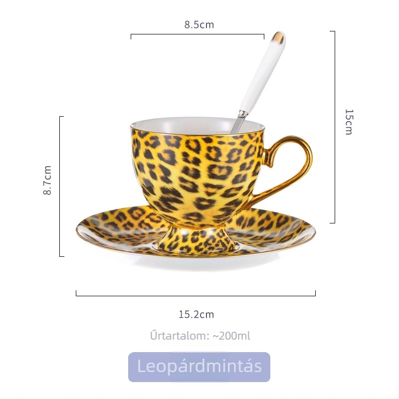 Leopard mintás csontporcelán kávéscsésze és alátét készlet kanállal, európai stílusban