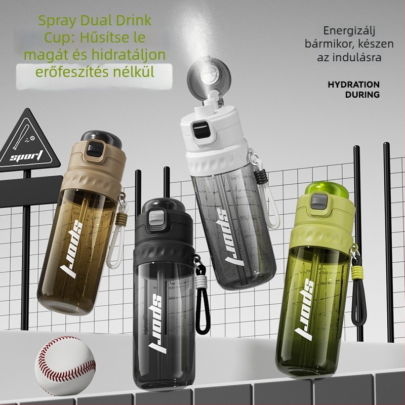 Nyári permetezős vizes pohár, nagy kapacitású, sportos pohár szívószállal férfiaknak