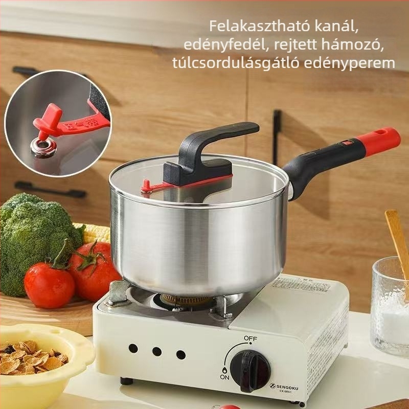304 rozsdamentes acél tejfazék, bevonat nélküli, babáknak készült ételekhez, hámozókéssel
